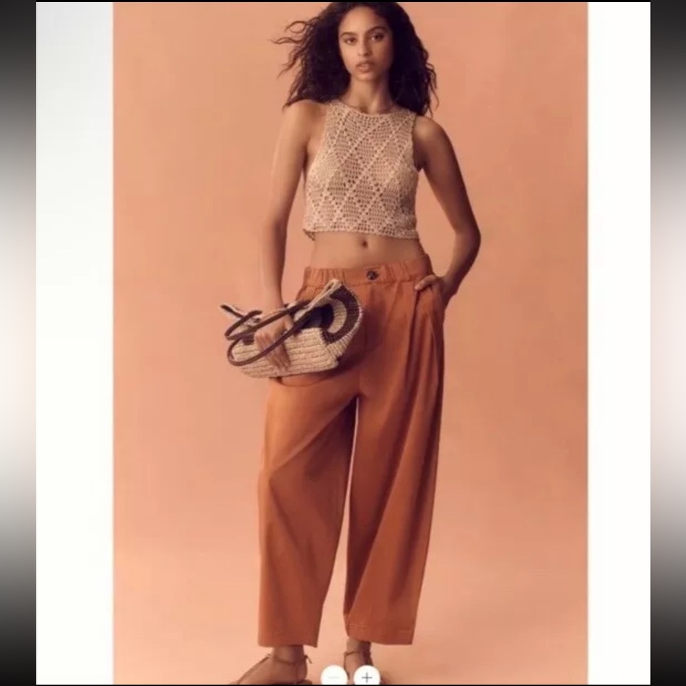Maeve Anthropologie Poplin Barrel Pants High-Waisted Pleated Large‎ Burnt Orange